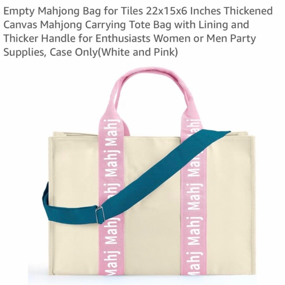 Canvas Mahjong Carrying Tote Bag with Pink Handles and Teal Strap